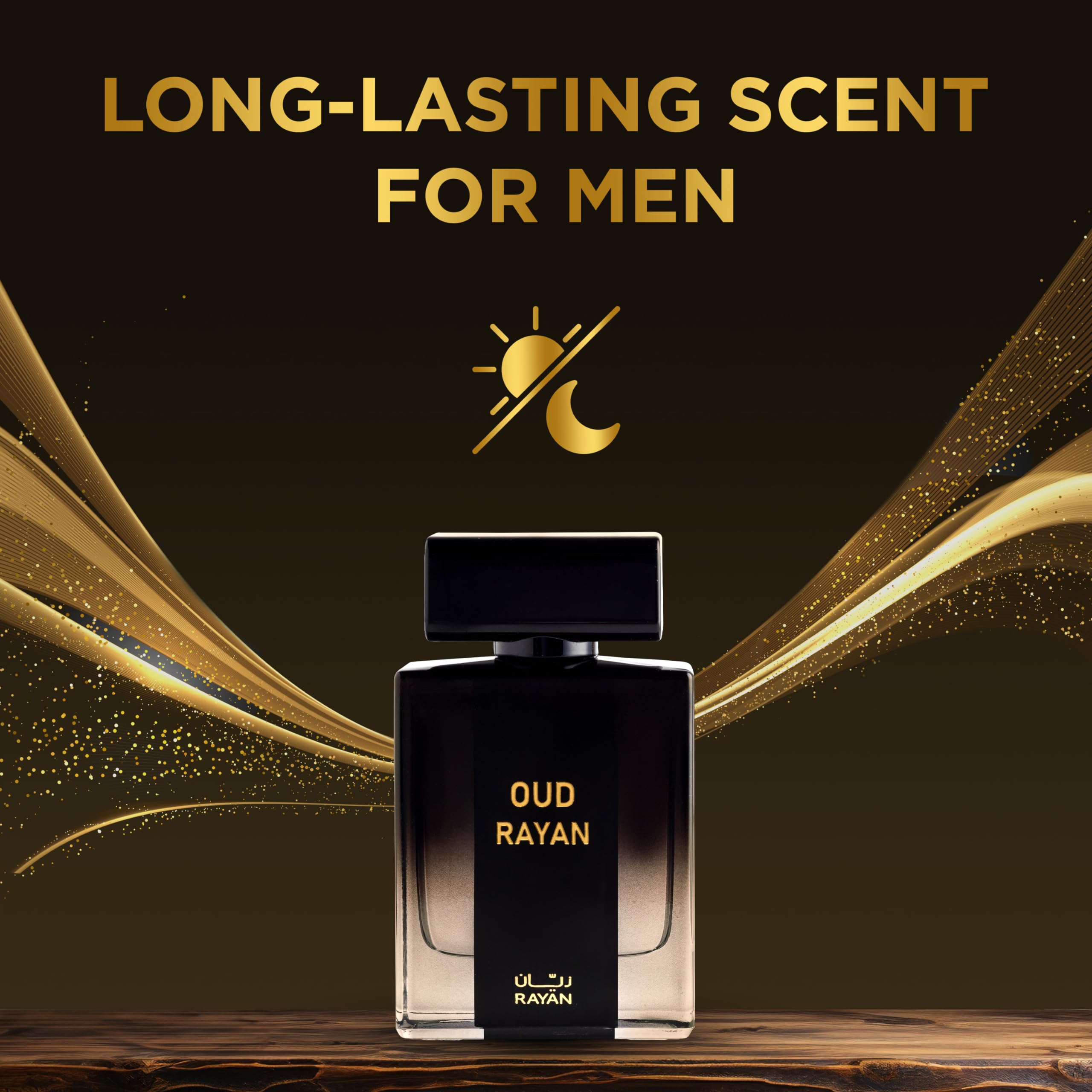 RAYAN Oud perfume close-up highlights luxurious glass and cap design.