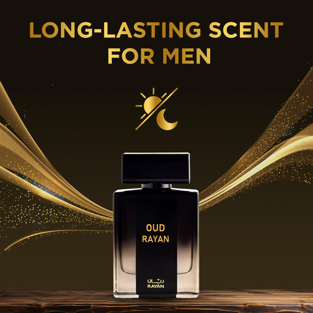RAYAN Oud perfume close-up highlights luxurious glass and cap design.