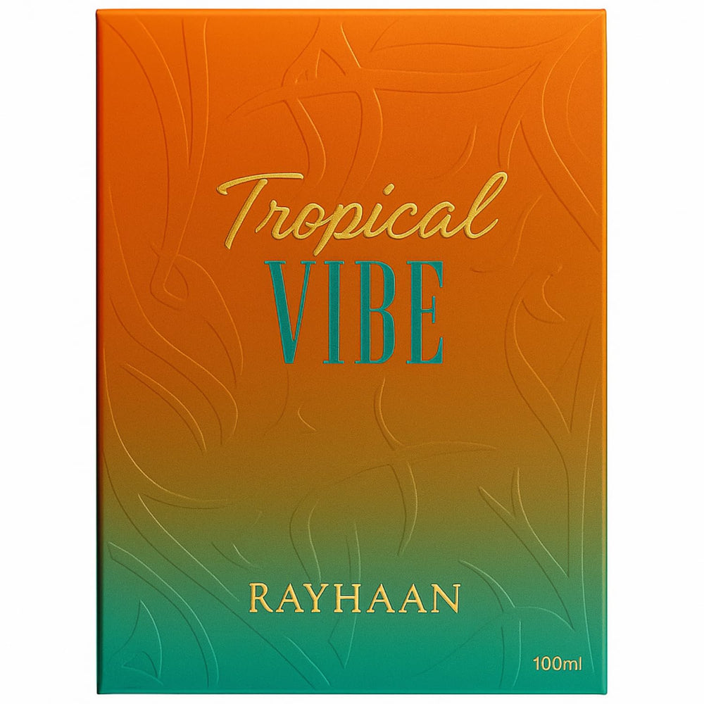 Rayhaan Tropical Vibe spray application demonstrates easy mist for long-lasting fragrance.