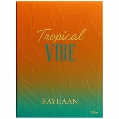 Rayhaan Tropical Vibe spray application demonstrates easy mist for long-lasting fragrance.