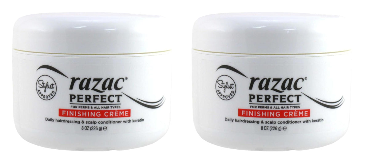 Razac Perfect For Perms Finish Creme 8oz 2-pack packaging for salon and home use.