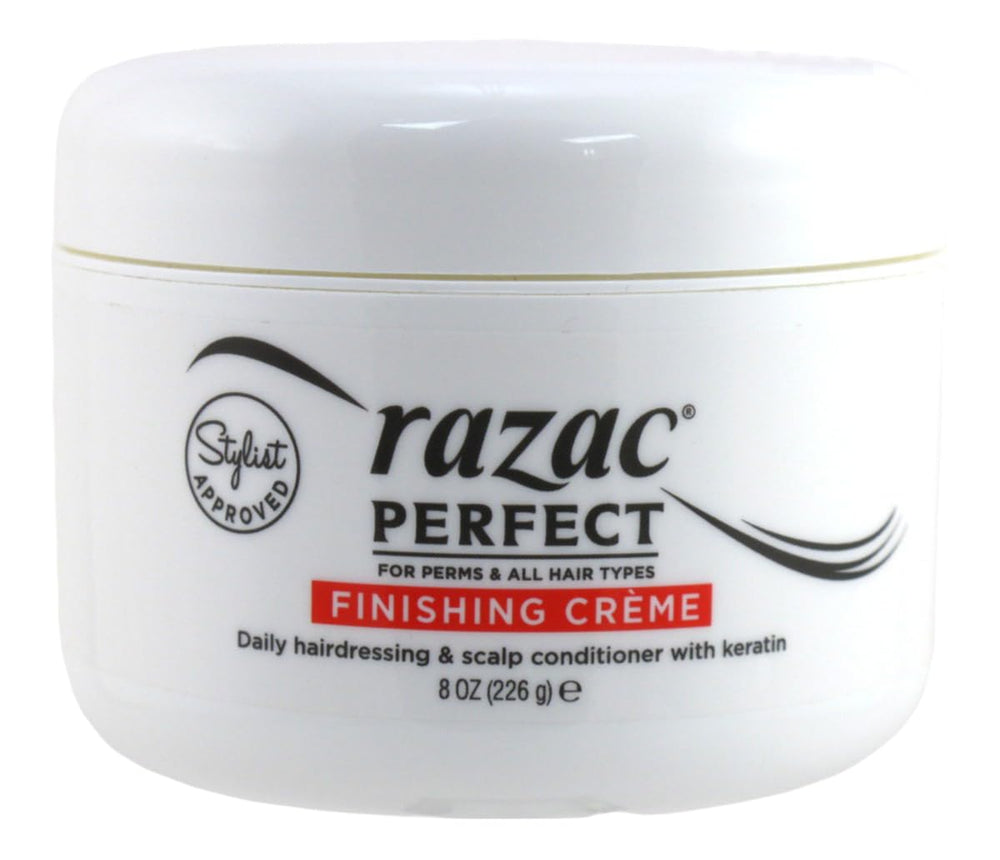 Razac Perfect For Perms Finish Creme applied to damp hair for smooth perm results.