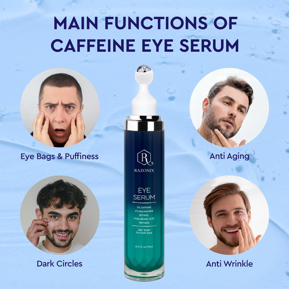 RAZONIX cooling roller on under-eye area suggests refreshing daytime use.