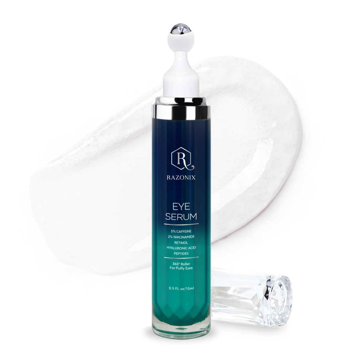 RAZONIX eye bags treatment roller application shows cooling relief for puffiness.