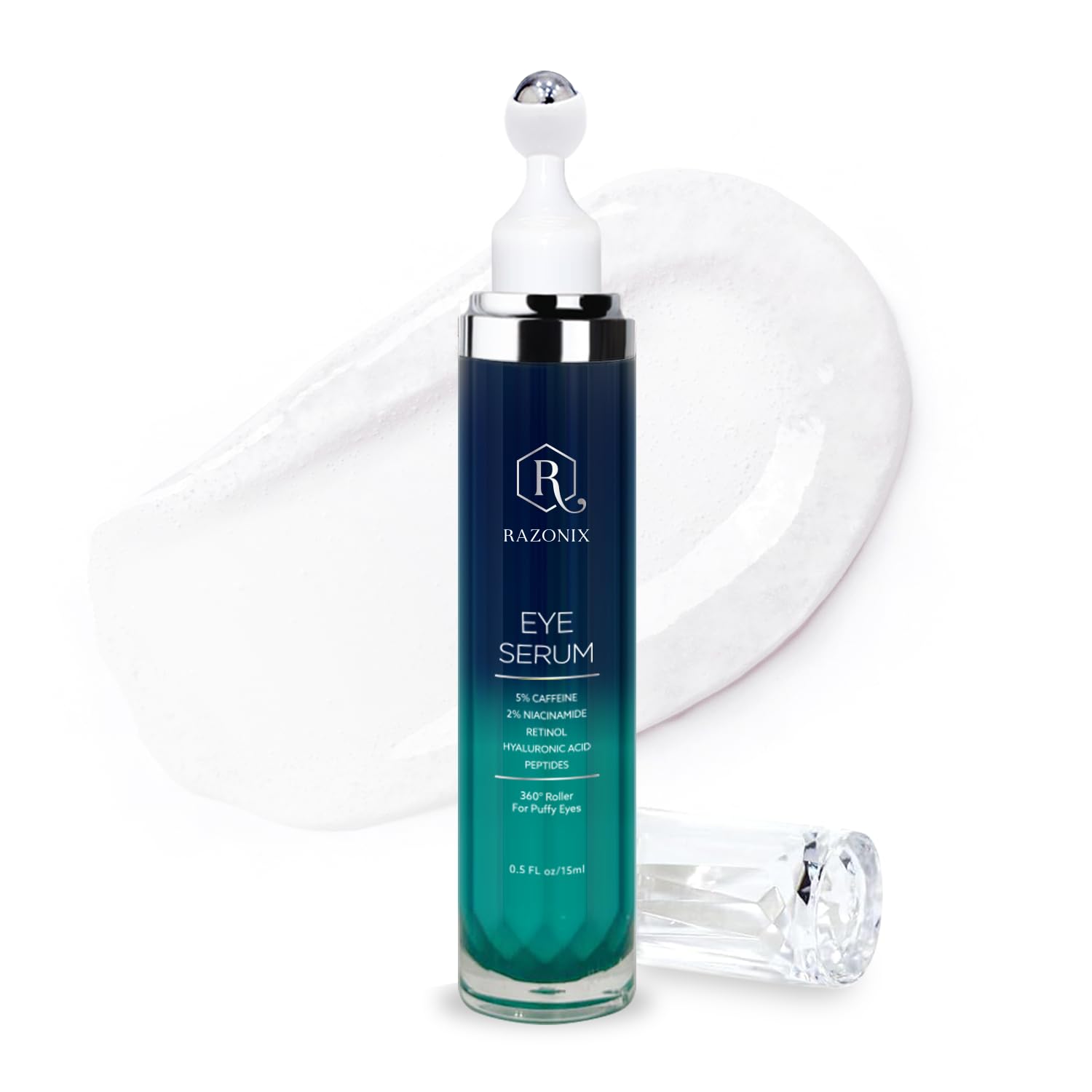 RAZONIX eye bags treatment roller application shows cooling relief for puffiness.