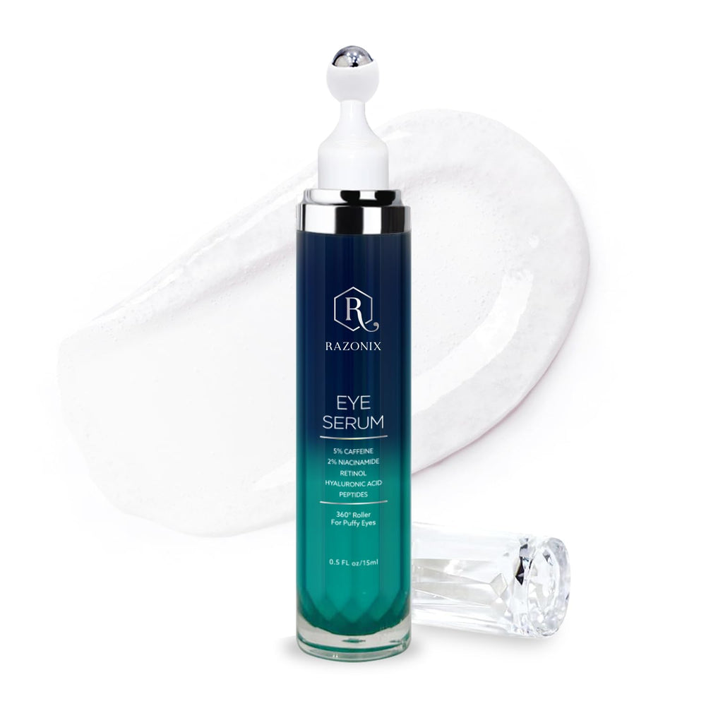 RAZONIX eye bags treatment roller application shows cooling relief for puffiness.