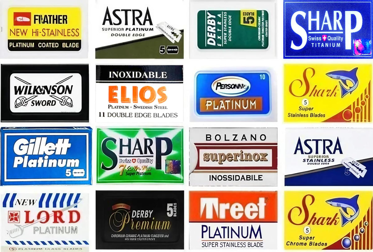 Razor Blades Club sampler displays 16 brands for versatile shaving trials and quality comparison