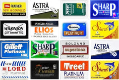 Razor Blades Club sampler displays 16 brands for versatile shaving trials and quality comparison
