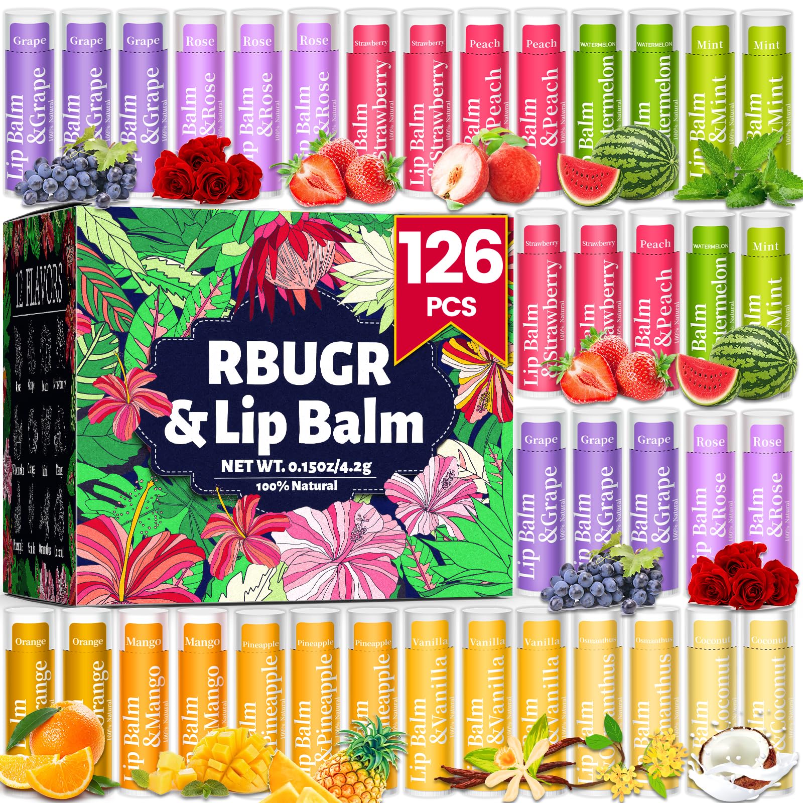 RBUGR 126pcs lip balm set packaging ready for gifts and events.