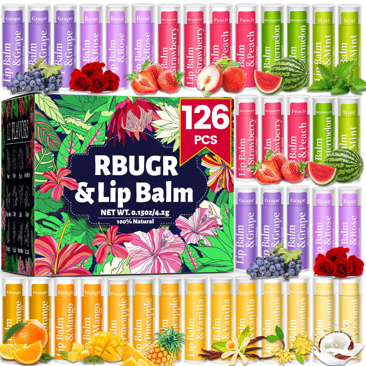 RBUGR 126pcs lip balm set packaging ready for gifts and events.