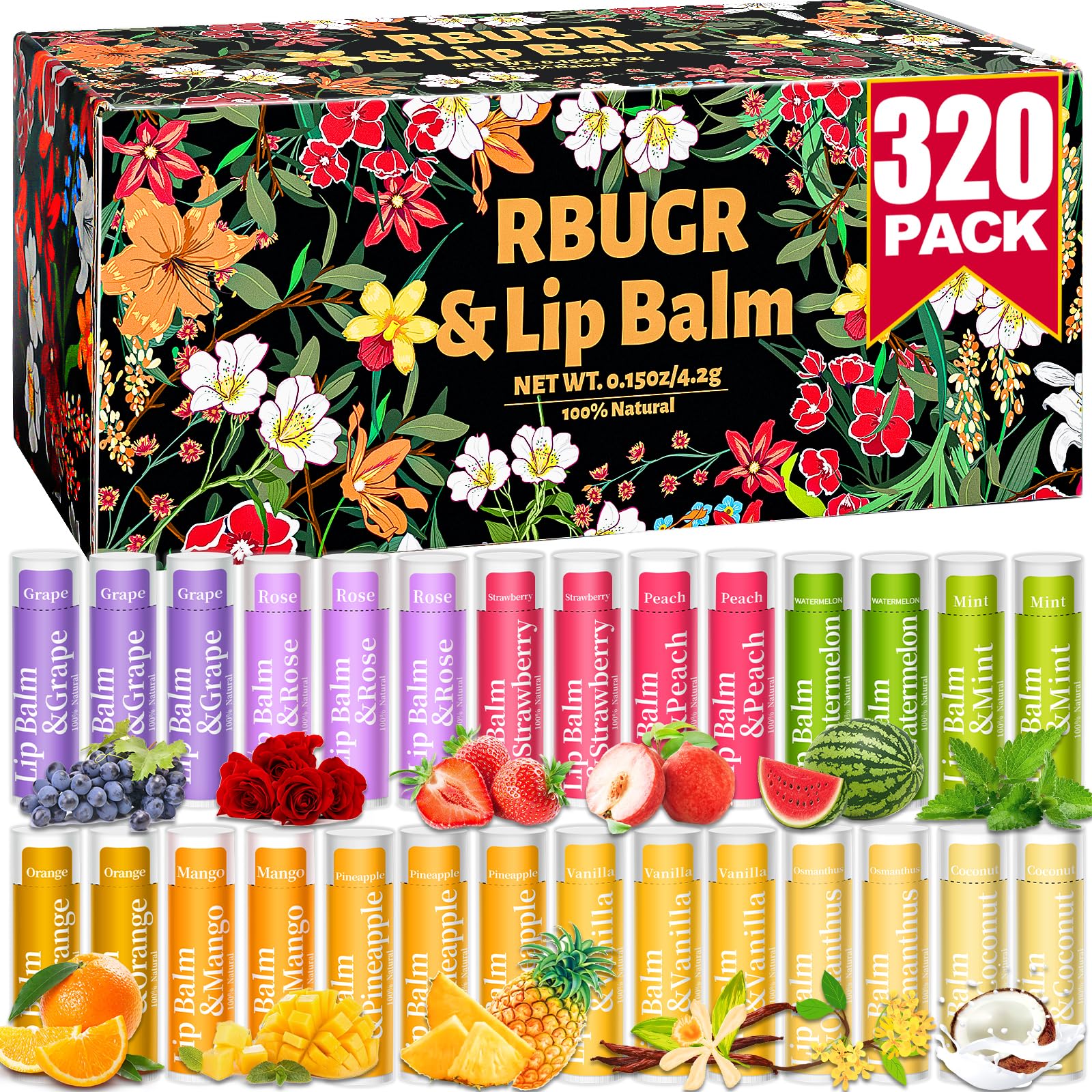 RBUGR lip balm bulk pack front view with 12 flavors for everyday hydration.