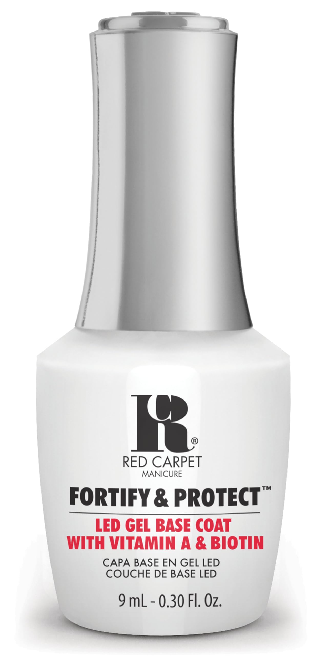 RC Red Carpet Manicure Fortify & Protect base coat bottle close-up showing adhesion-ready formula.