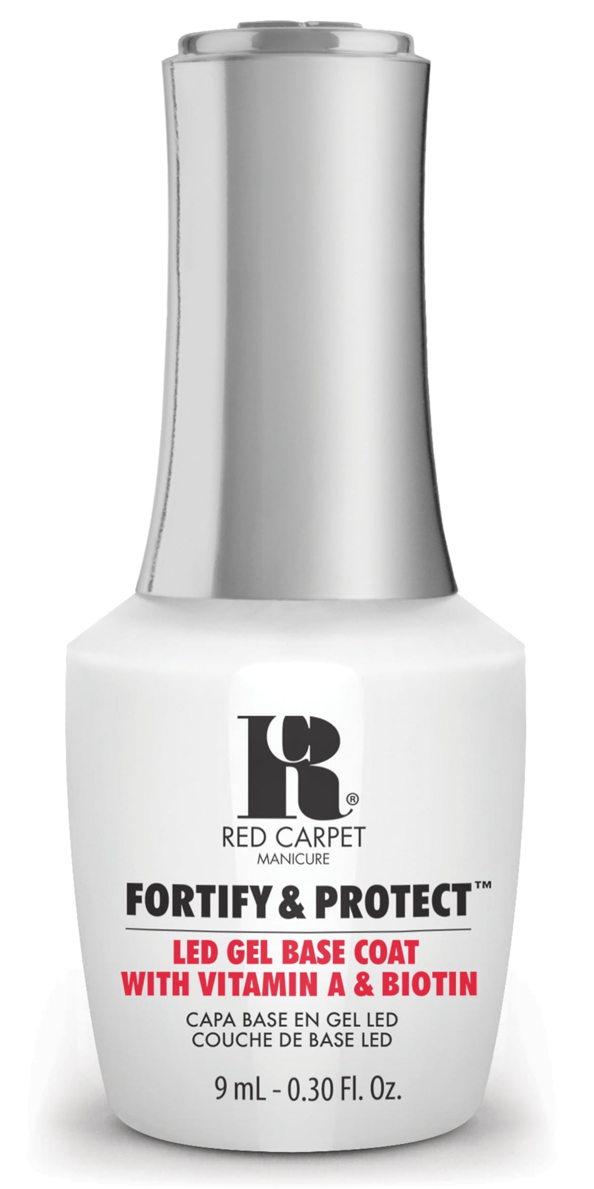 RC Red Carpet Manicure Fortify & Protect base coat bottle close-up showing adhesion-ready formula.