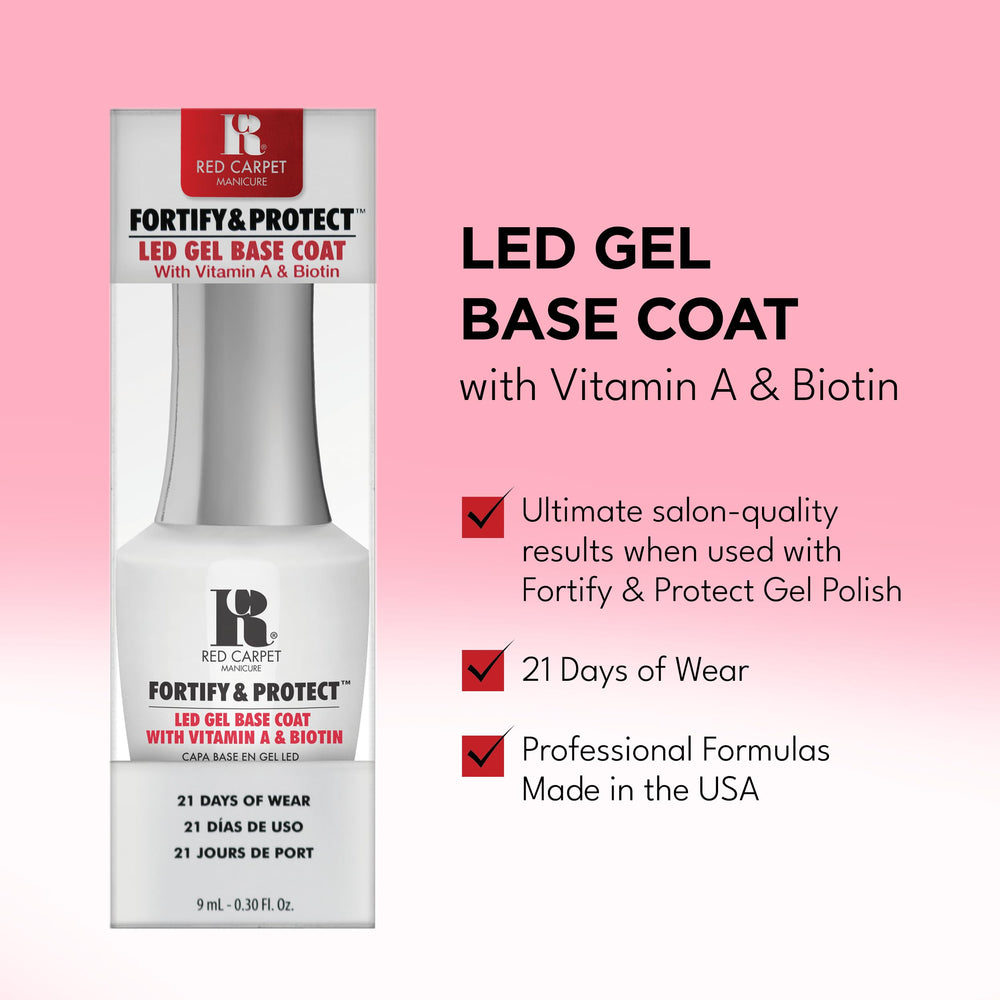 RC Red Carpet Manicure Fortify & Protect base coat on prepped nails ready for gel polish.