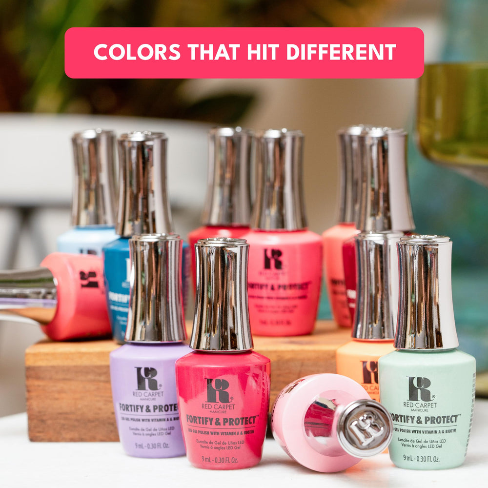 RC Red Carpet Manicure Fortify & Protect base coat paired with gel polish for durable wear.
