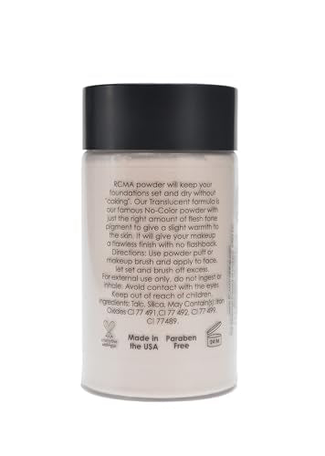 RCMA translucent loose powder brush application demonstrates seamless setting without caking.