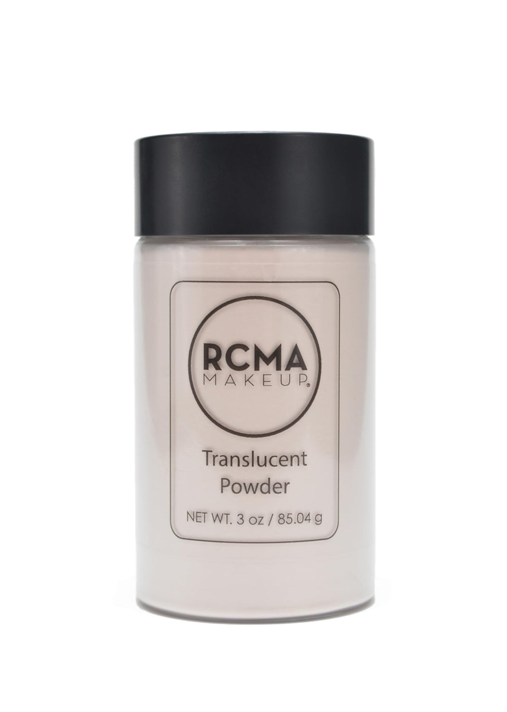 RCMA translucent loose powder jar provides a lightweight matte finish with shine control.