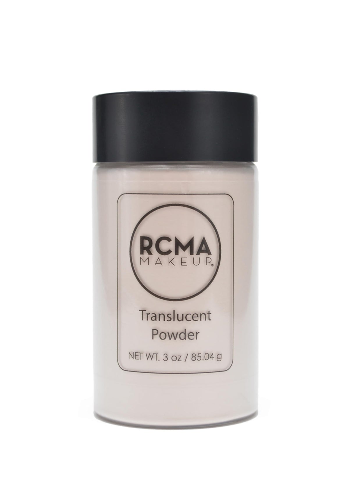 RCMA translucent loose powder jar provides a lightweight matte finish with shine control.