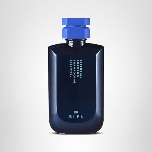R+Co BLEU Essential Shampoo packaging highlights UVA UVB protection for hair.