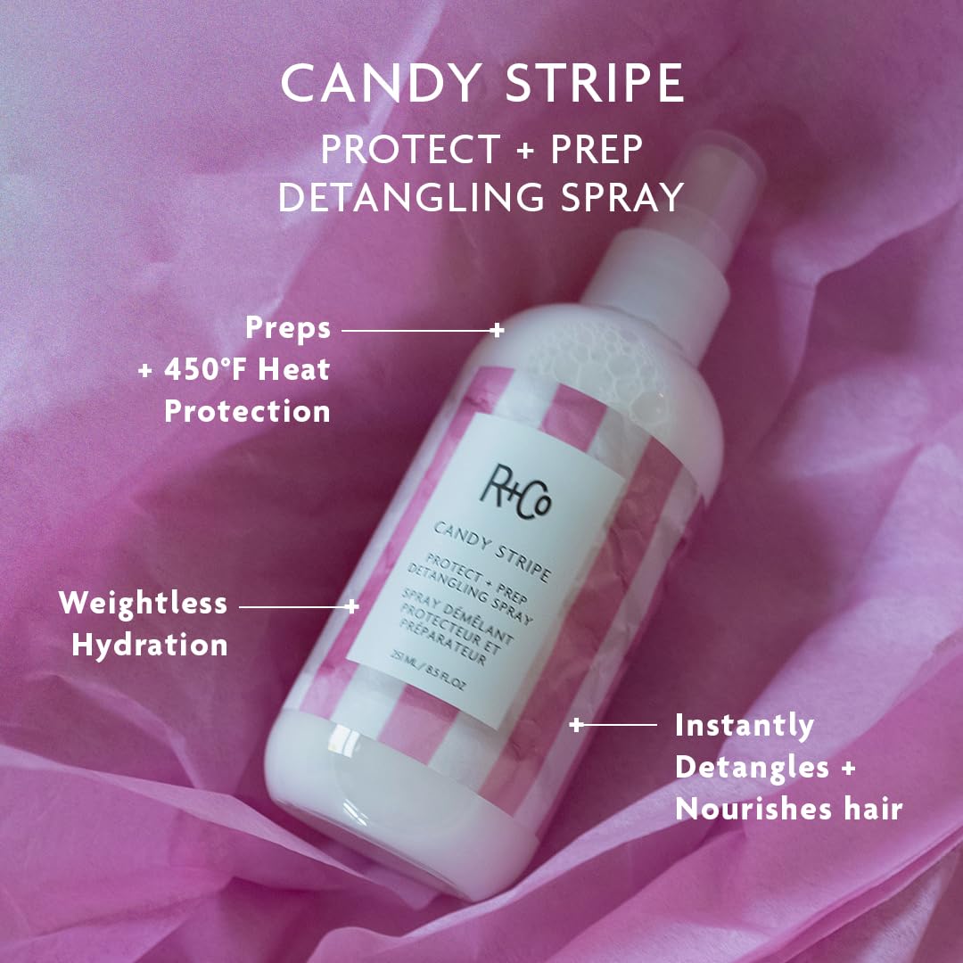 R+Co Candy Stripe apply-on-hair close-up — even coverage and lightweight hydration.