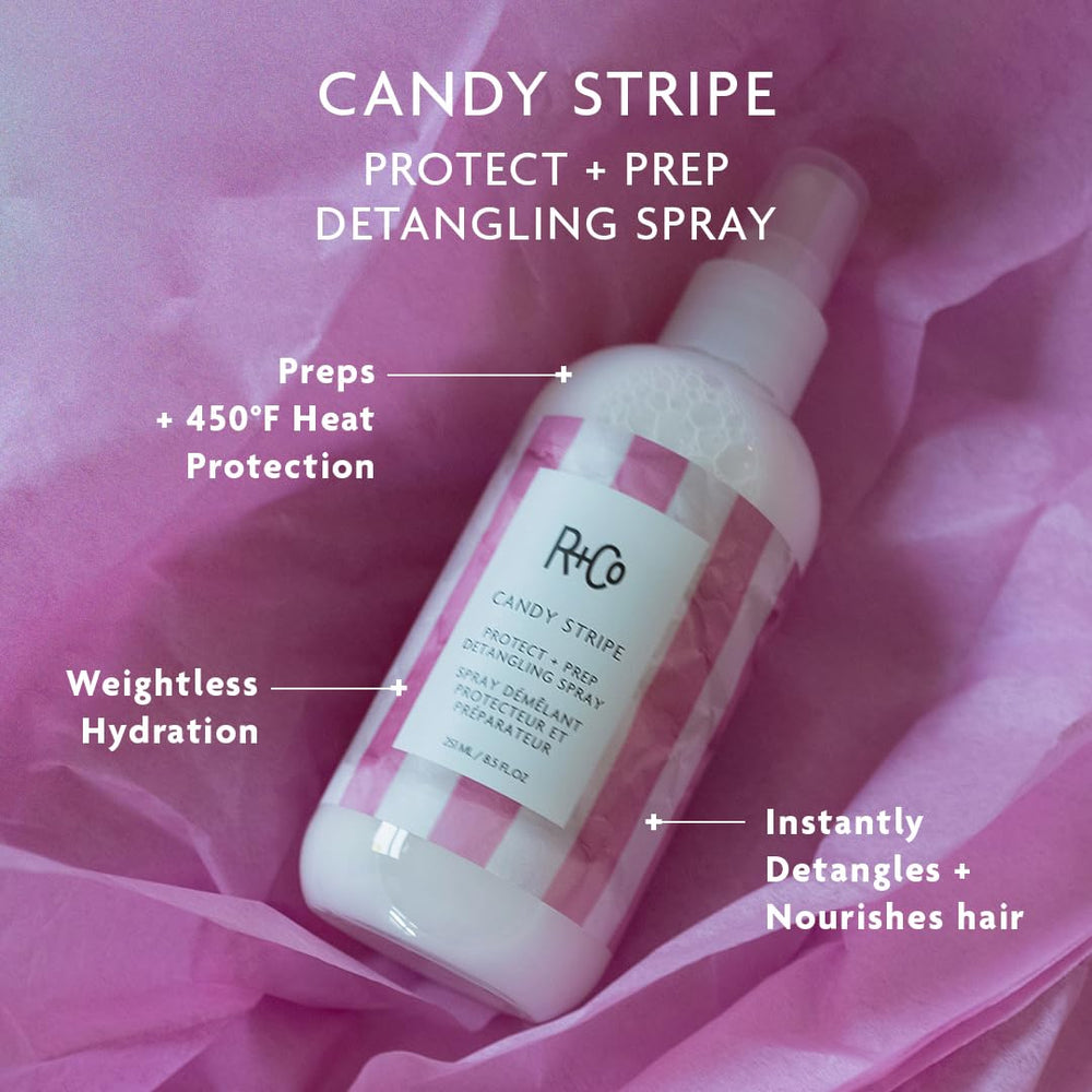 R+Co Candy Stripe apply-on-hair close-up — even coverage and lightweight hydration.