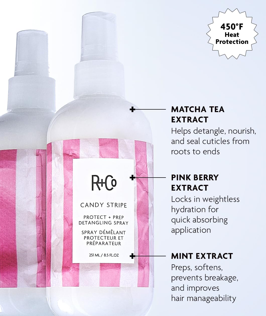 R+Co Candy Stripe detangler spray nozzle — quick-absorbing protection during styling.