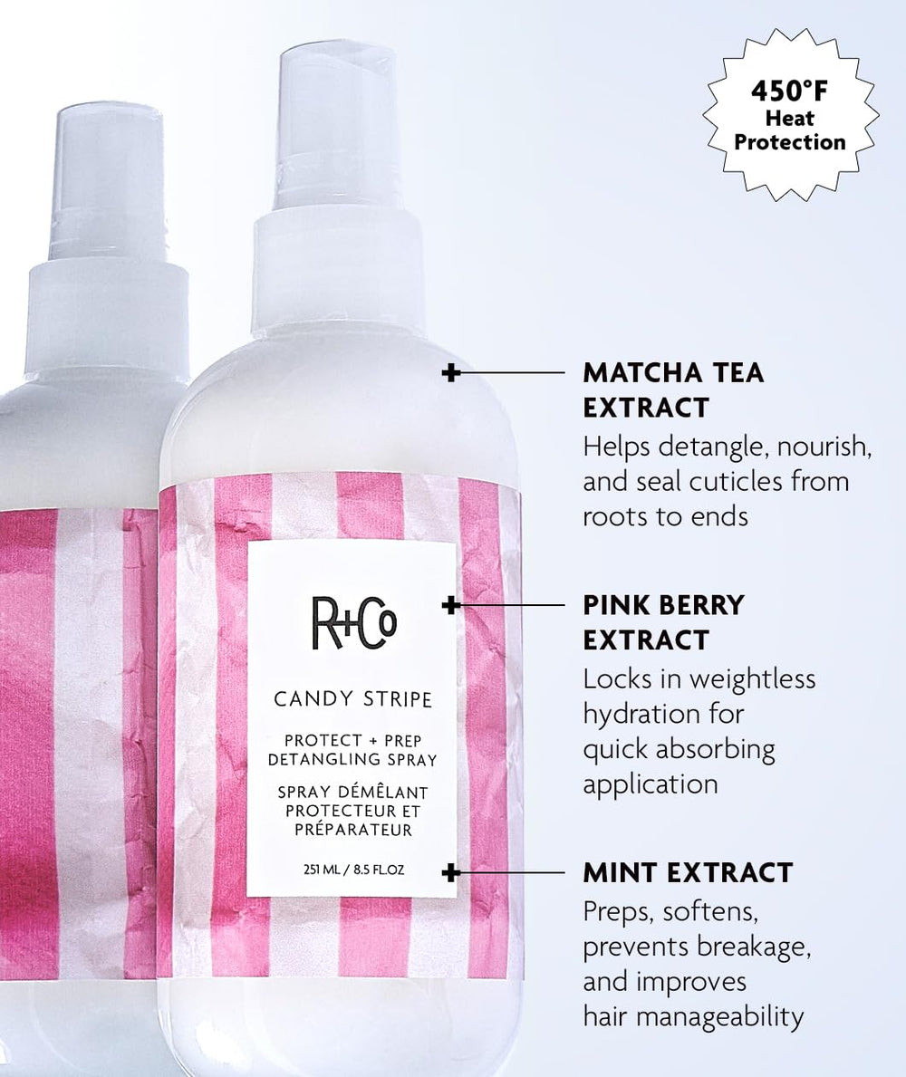 R+Co Candy Stripe detangler spray nozzle — quick-absorbing protection during styling.
