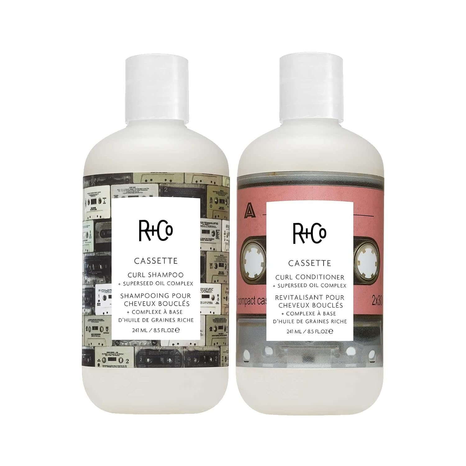R+Co Cassette Curl Shampoo bottle shows defined curls and glossy lather.