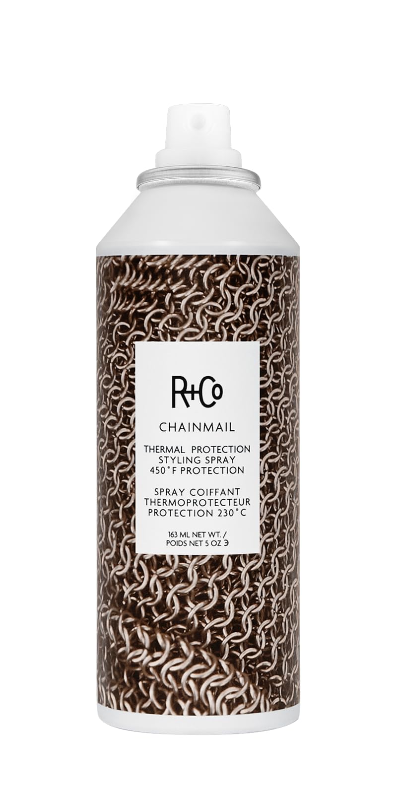 R+Co Chainmail heat protection spray bottle providing 450°F shield for smoother styling