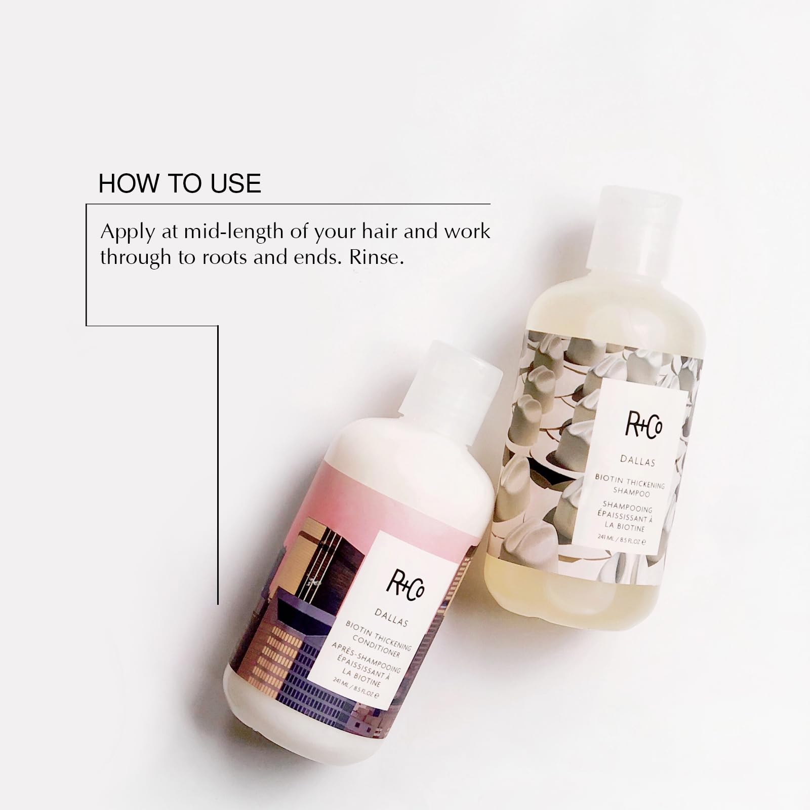R+Co Dallas Biotin Thickening Conditioner bottle highlights lightweight hydration and lasting fullness.