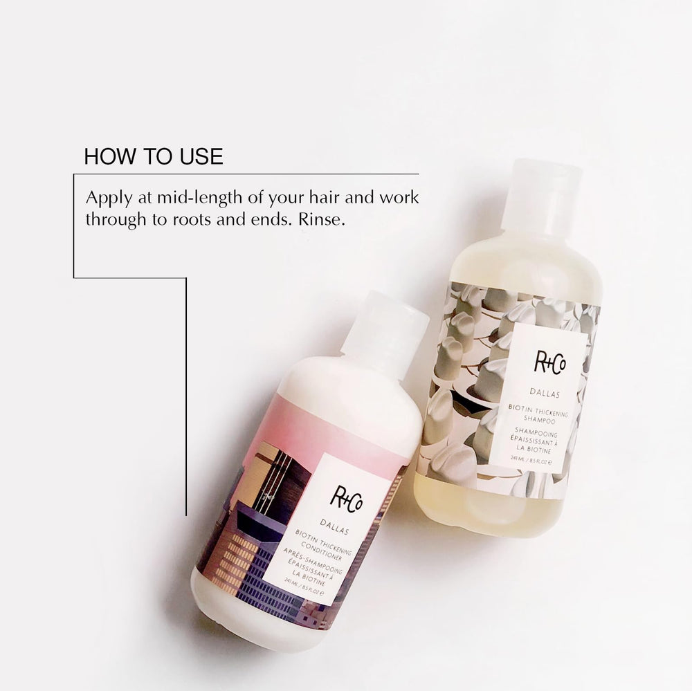 R+Co Dallas Biotin Thickening Conditioner bottle highlights lightweight hydration and lasting fullness.