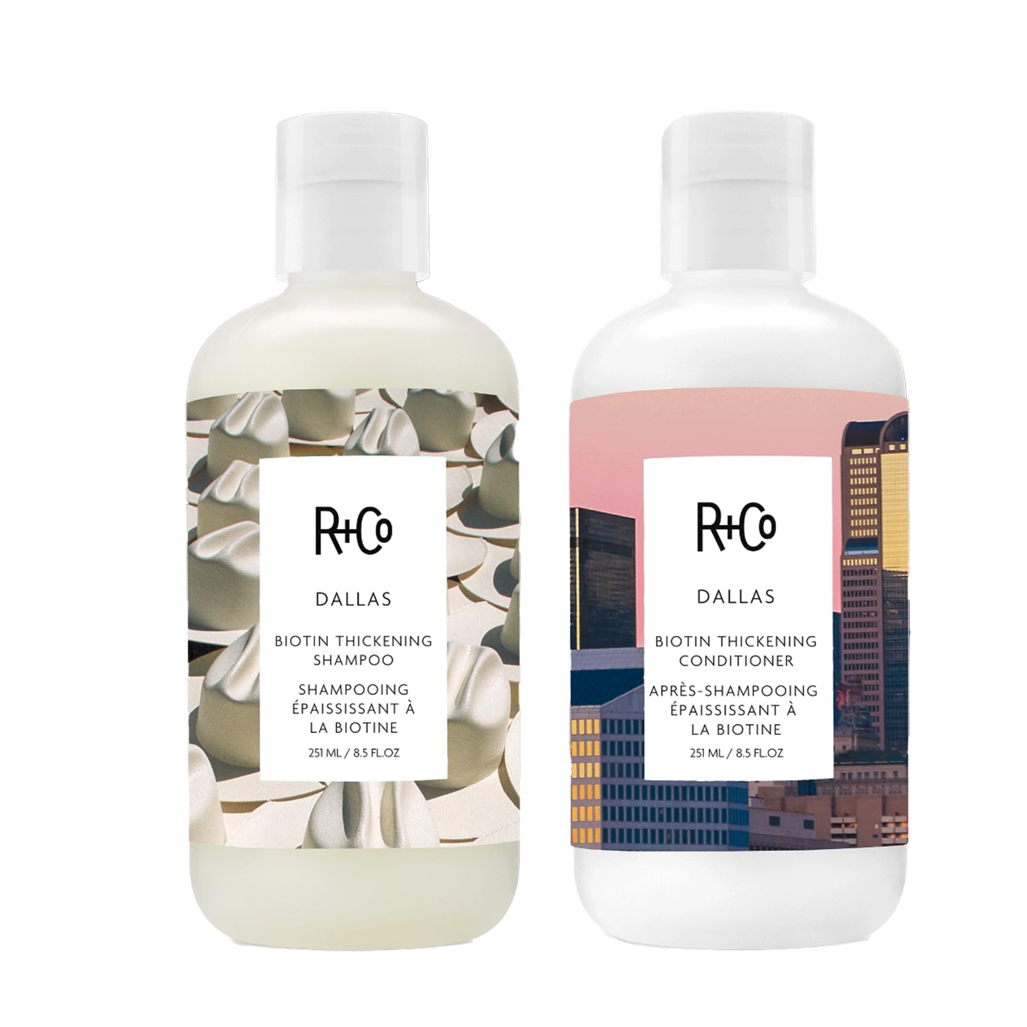 R+Co Dallas Biotin Thickening Shampoo bottle offers volume-boosting cleanse for fine hair.