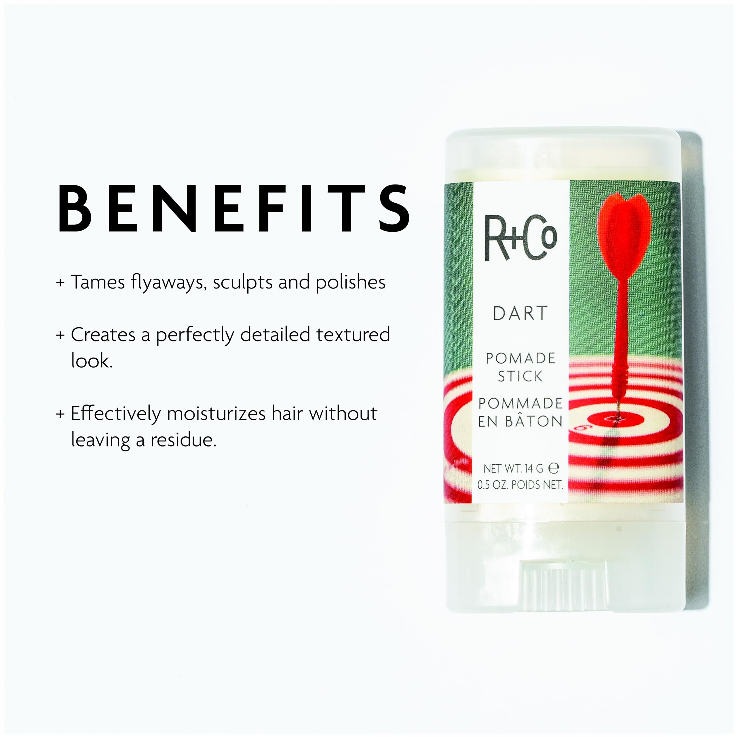 R+Co Dart Hair Wax Stick close-up showing glide-on texture