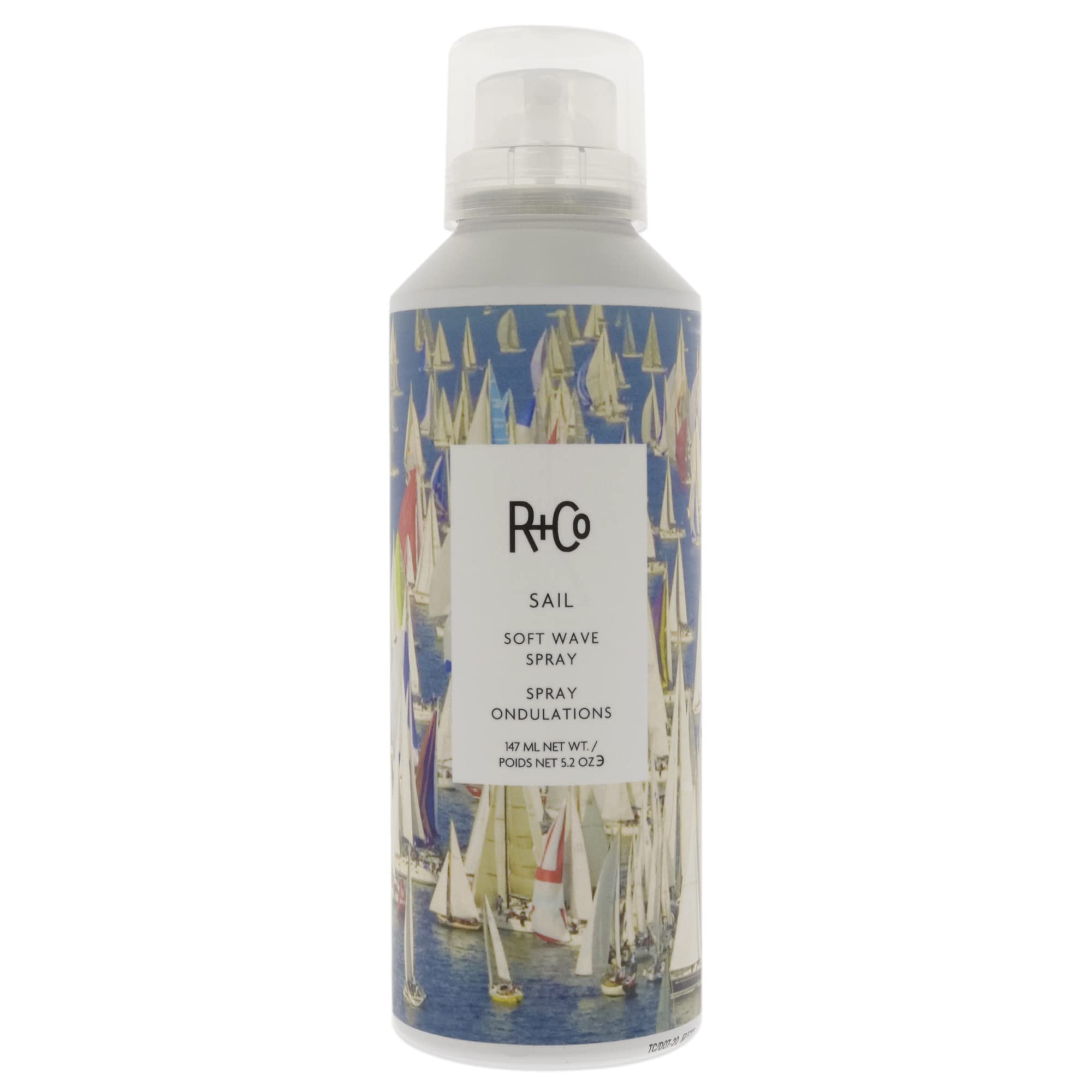 R+Co Sail Soft Wave Spray bottle front highlights lightweight volume and shine.