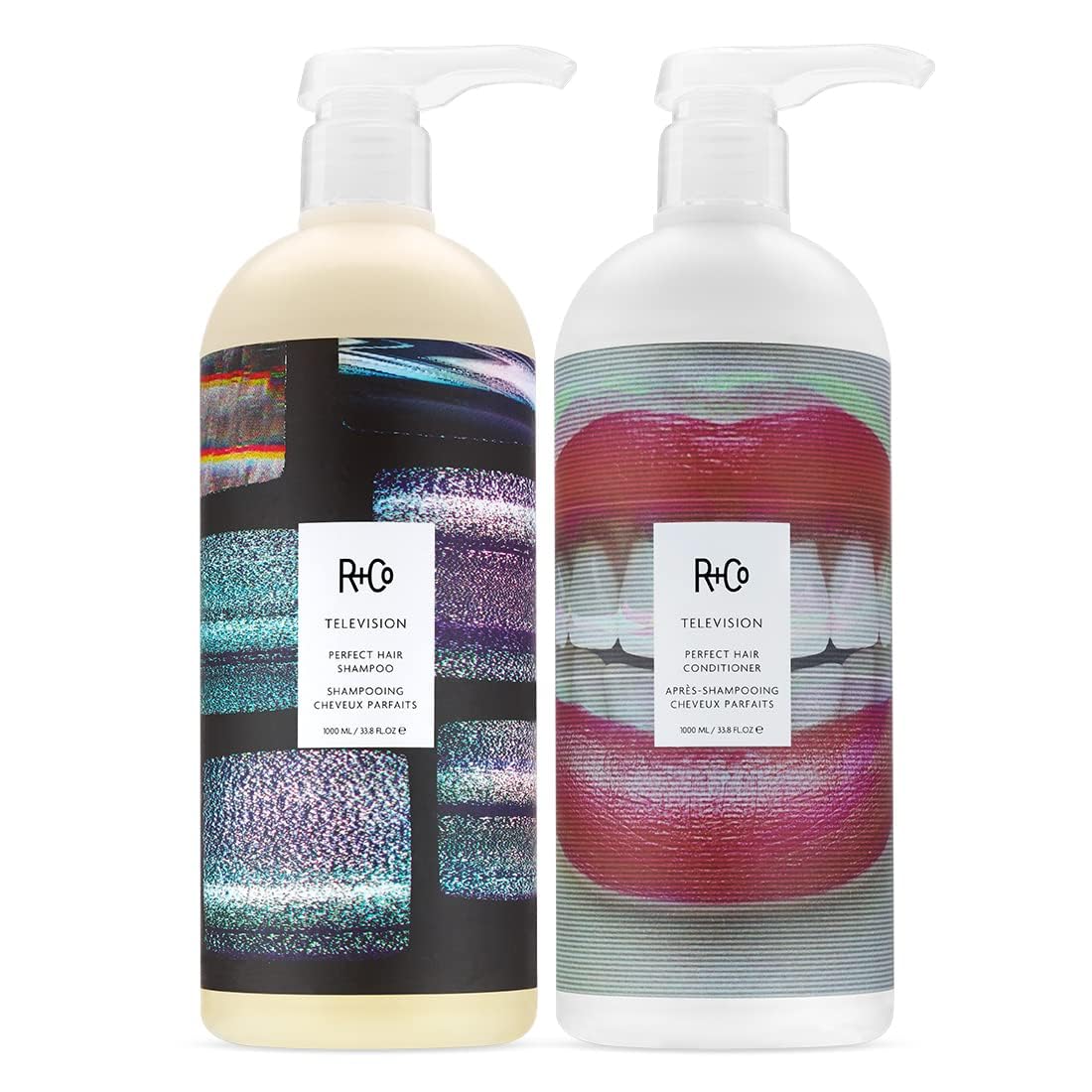 R+Co Television Perfect Hair Shampoo bottle pour promotes smooth cleansing and salon shine