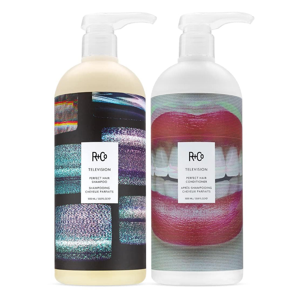 R+Co Television Perfect Hair Shampoo bottle pour promotes smooth cleansing and salon shine