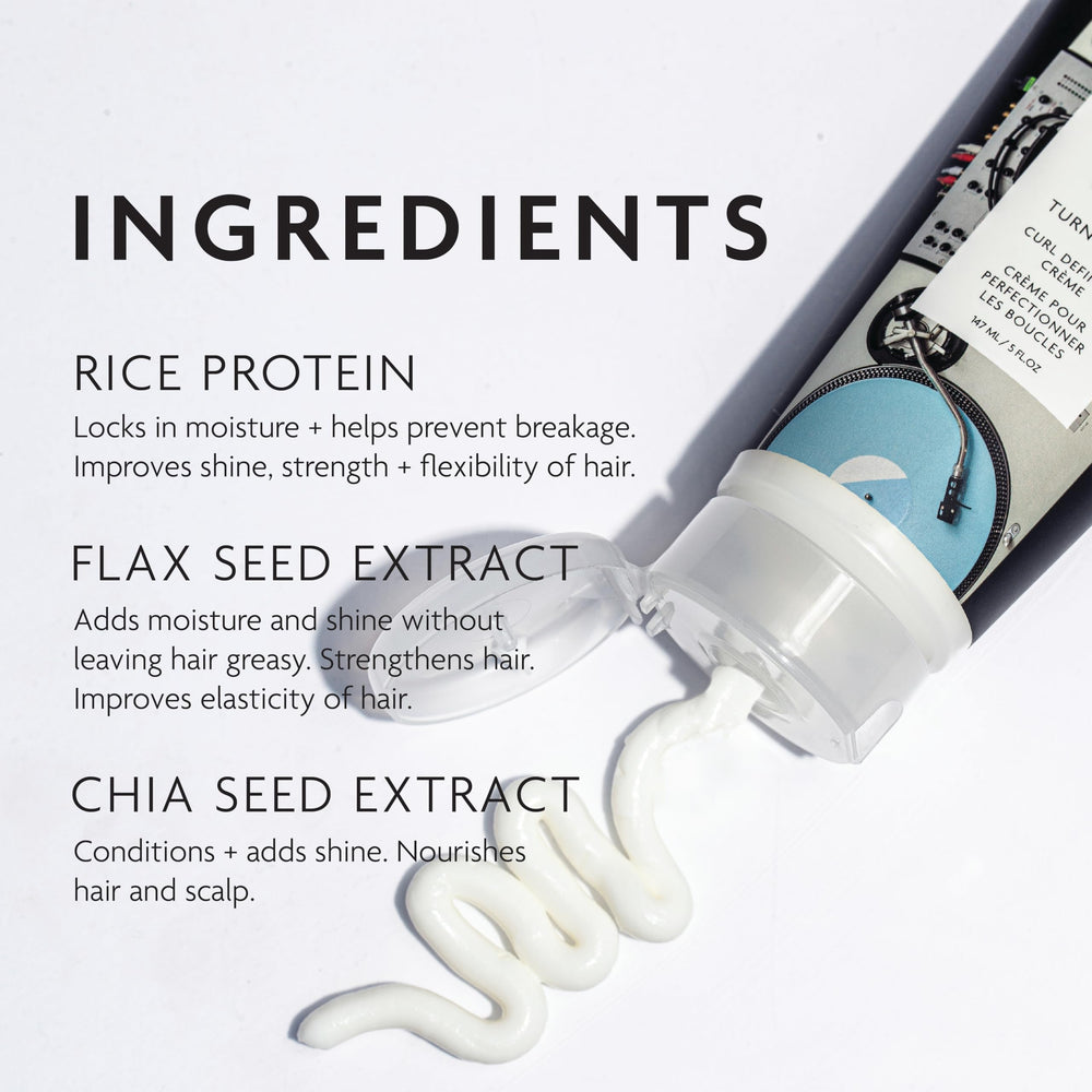 R+Co Turntable flax seed extract bottle close-up emphasizing instant moisture absorption and shine.