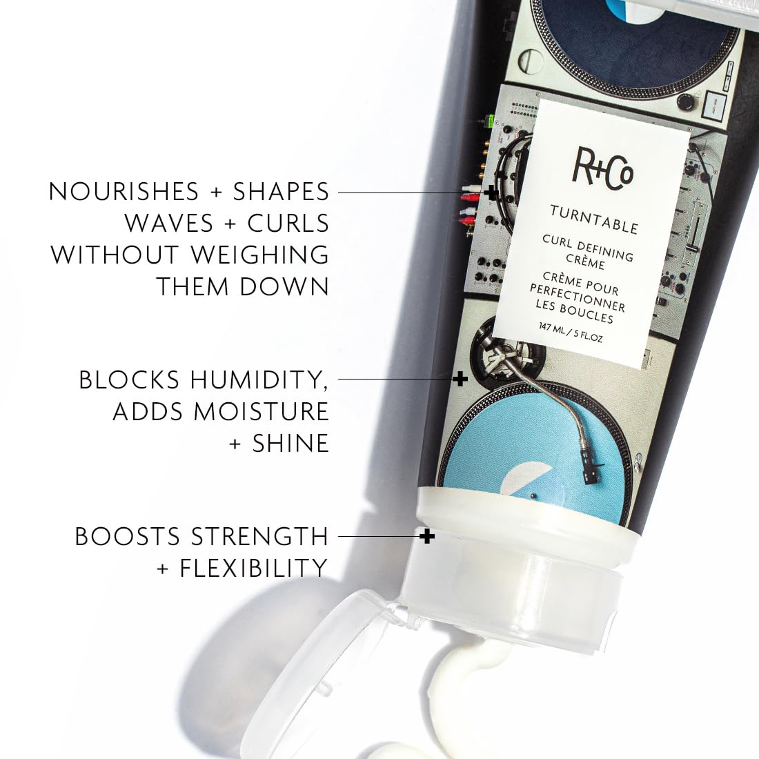 R+Co Turntable ingredients rice protein graphic label highlighting moisture lock and strength.
