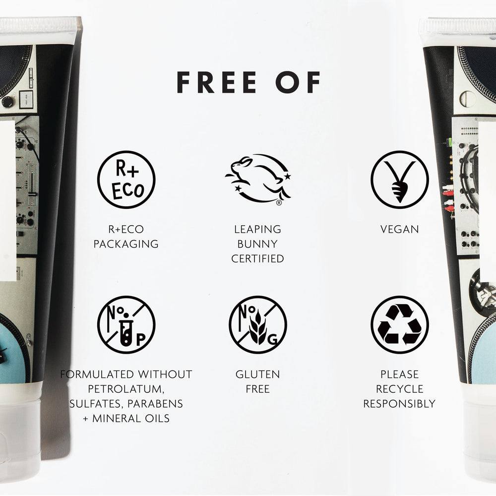 R+Co Turntable olive fruit extract package close-up showing hydration and frizz control.