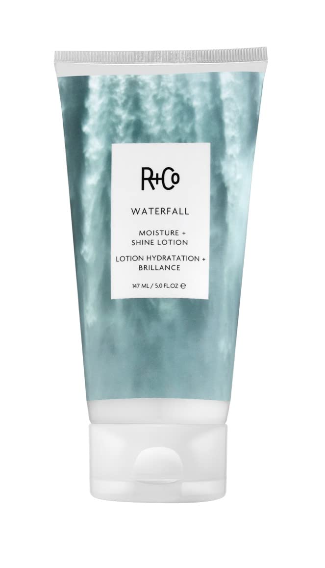 R+Co Waterfall Lotion bottle showcasing hydration for shiny hair.