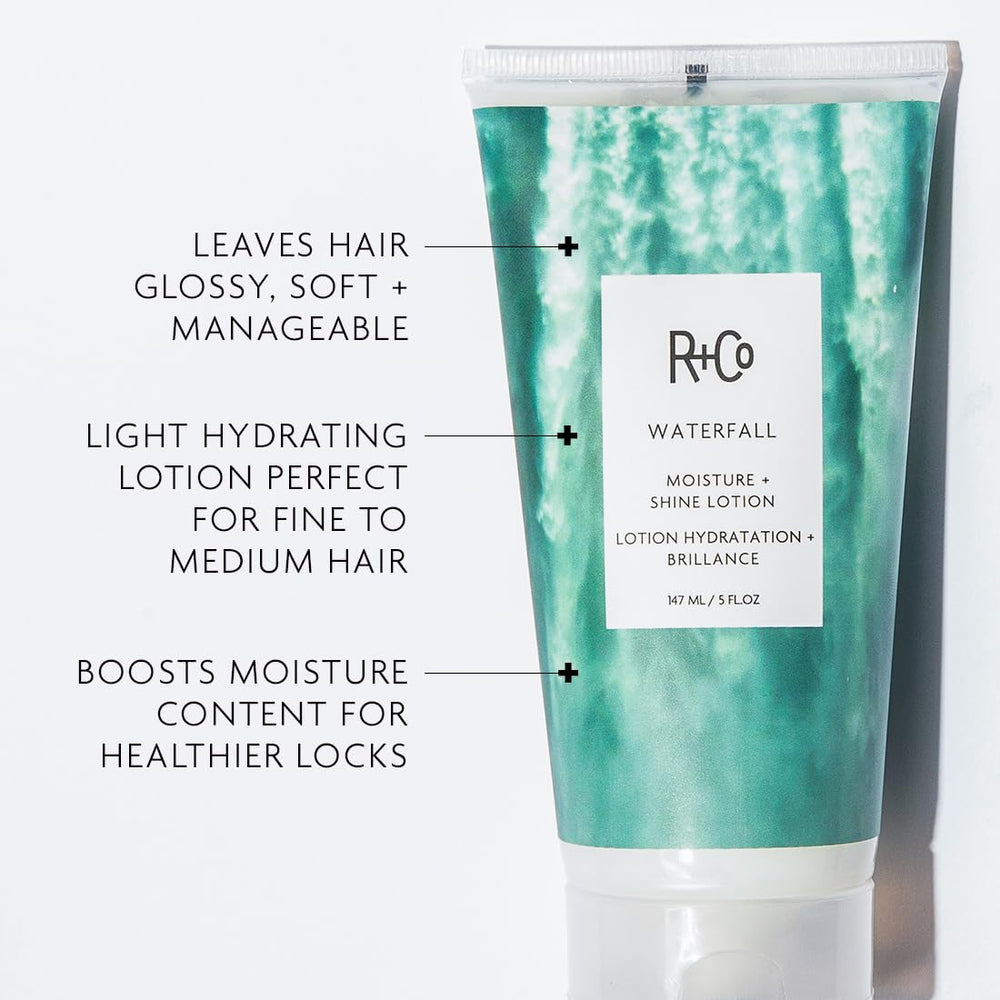 R+Co Waterfall Lotion applied to hair for sleek styling.