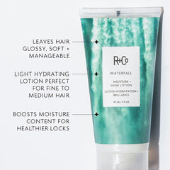 R+Co Waterfall Lotion applied to hair for sleek styling.