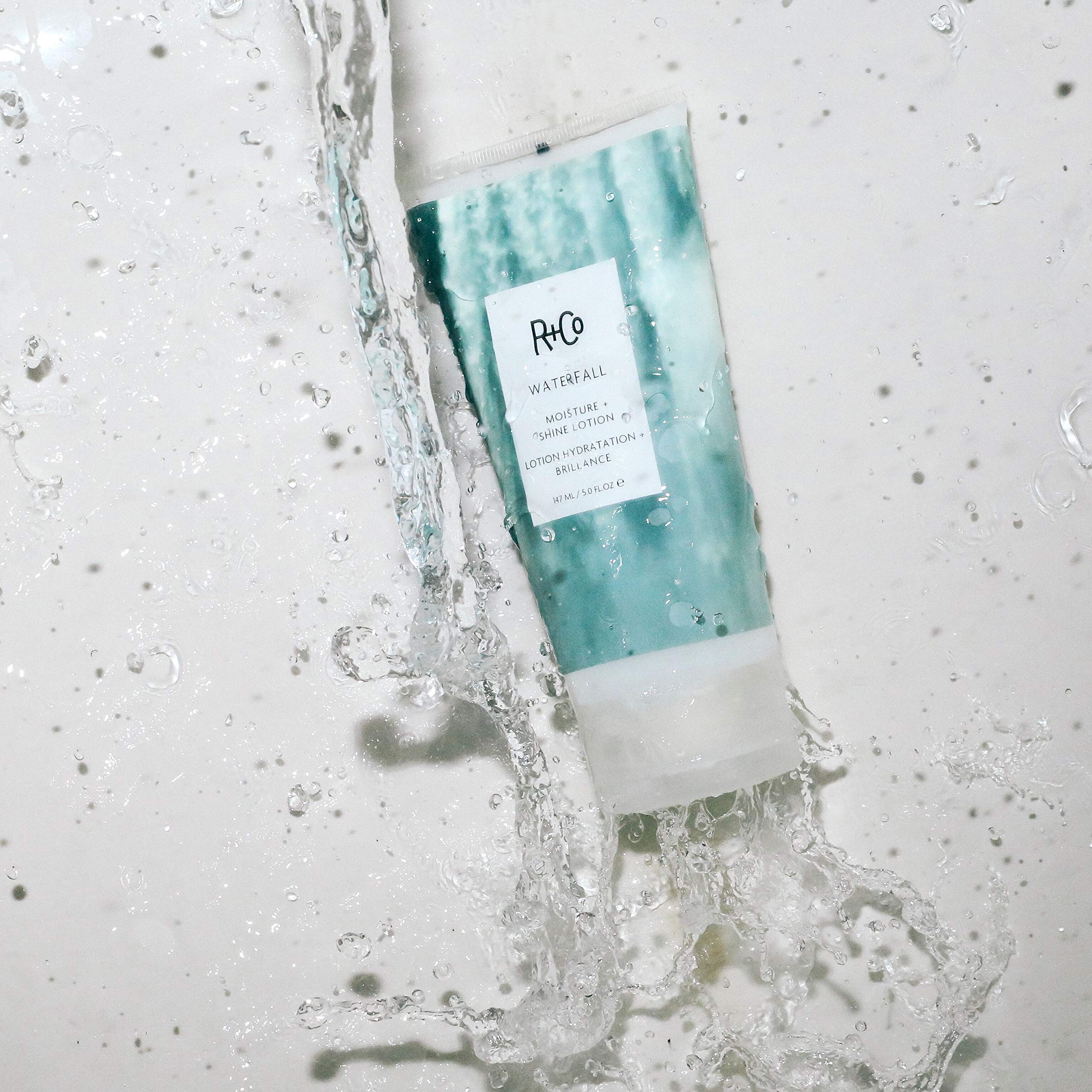 R+Co Waterfall Lotion ingredients close-up showing nourishing elements.
