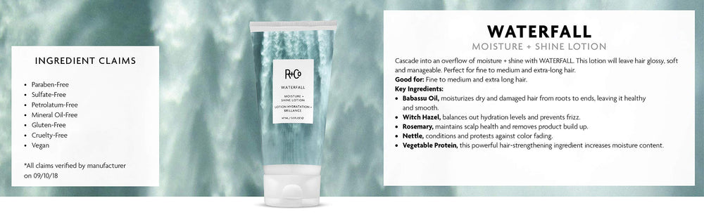 R+Co Waterfall Lotion model displaying soft, manageable hair.