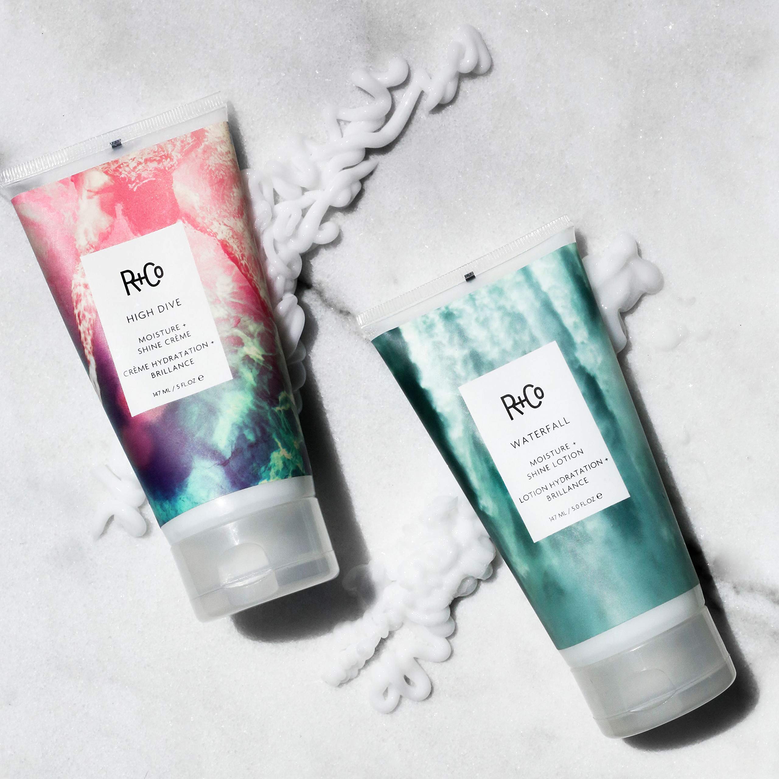 R+Co Waterfall Lotion texture highlighting lightweight formula.