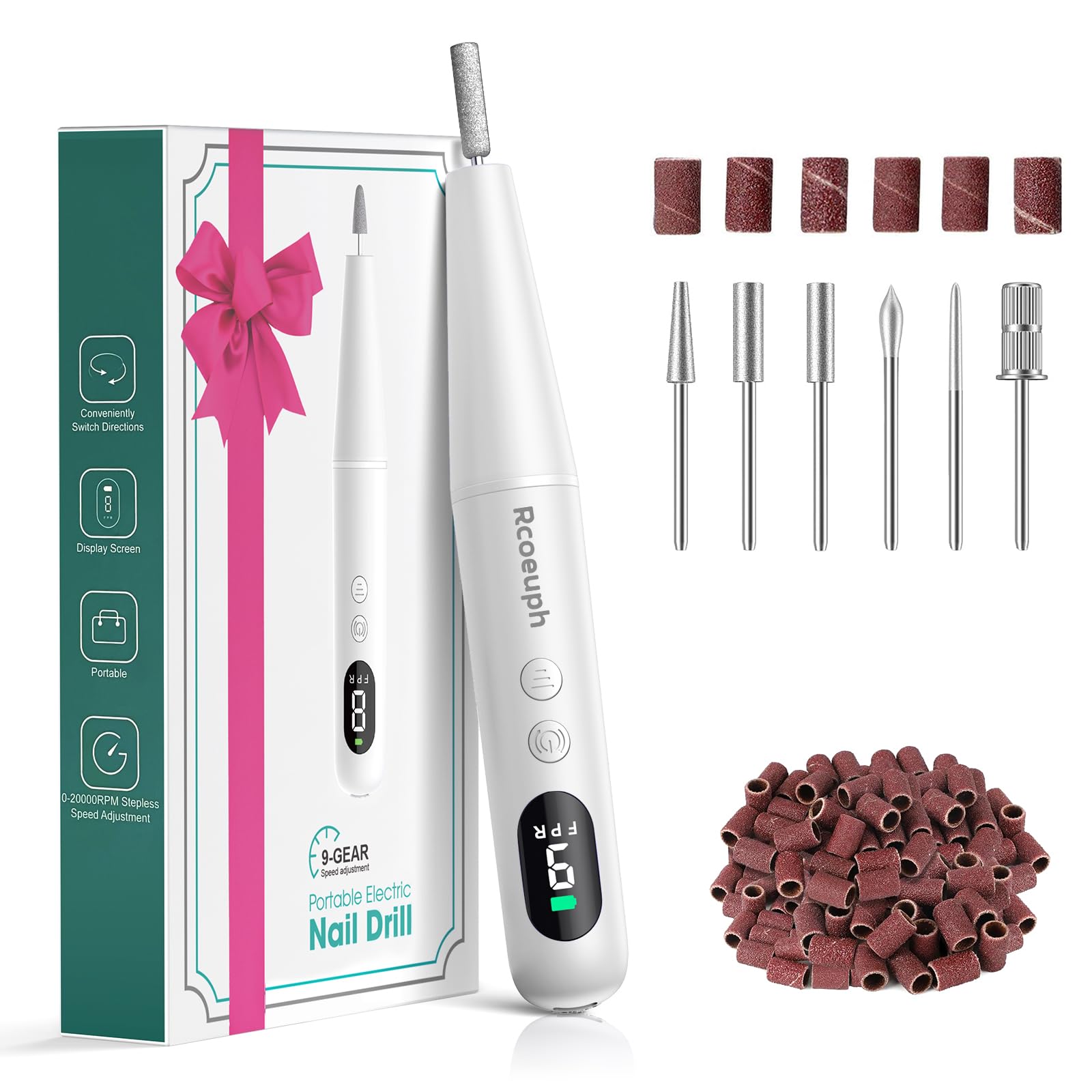 Rcoeuph cordless nail drill kit with LED display for precise speed control during mani-pedi sessions