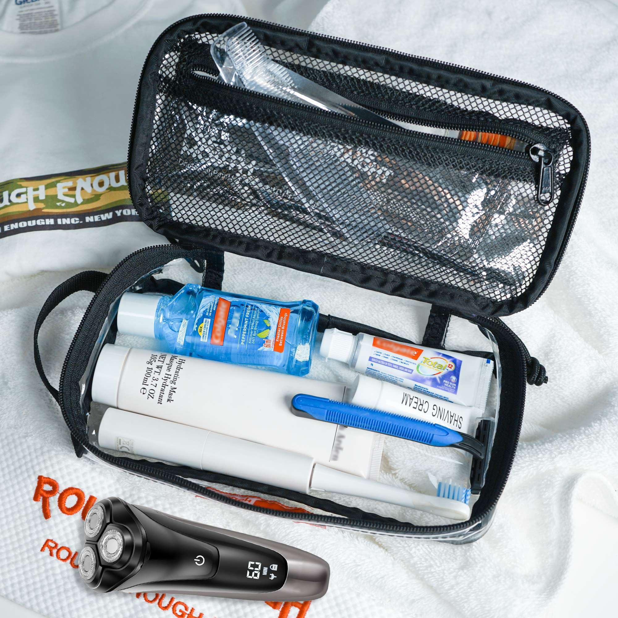 RE ROUGH ENOUGH see-through bag for makeup brushes and toiletries enables quick checks.