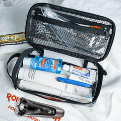 RE ROUGH ENOUGH see-through bag for makeup brushes and toiletries enables quick checks.