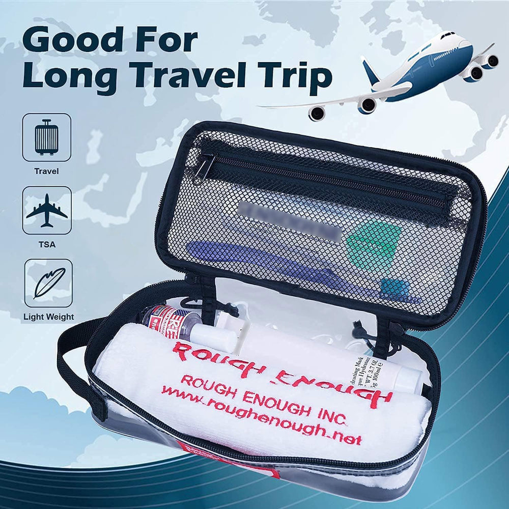 RE ROUGH ENOUGH water-resistant clear bag withstands travel environments and easy cleaning.