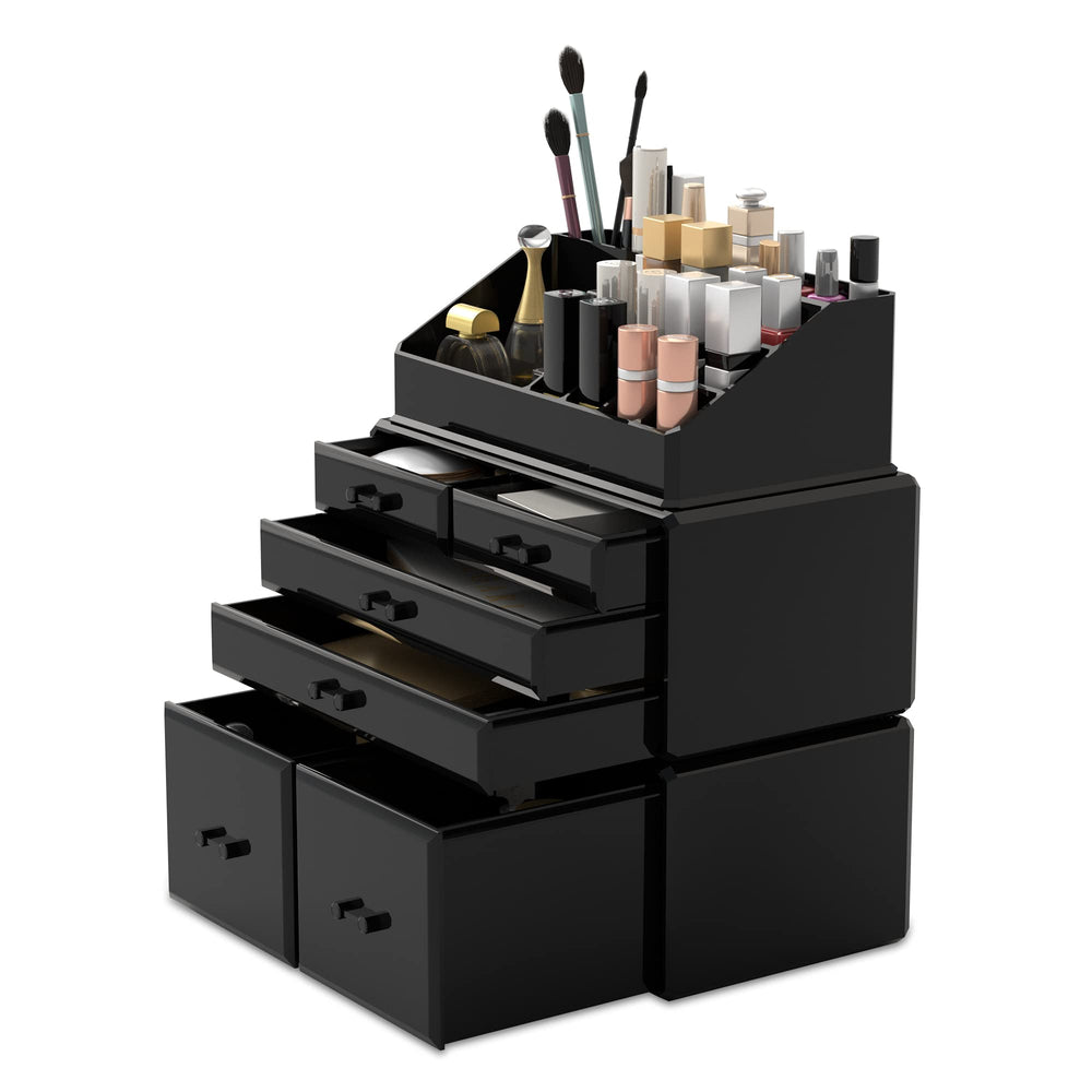 READAEER makeup organizer front view in black, showcasing compact three-piece storage for clutter-free vanity.